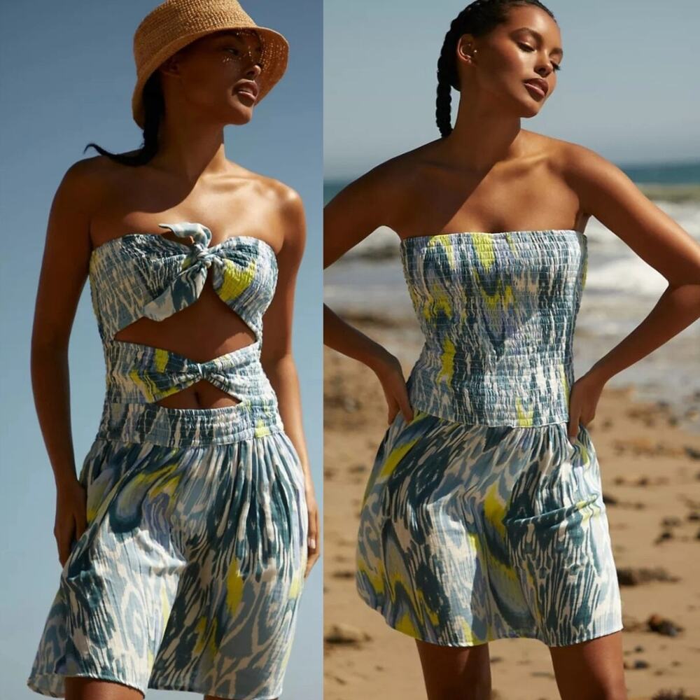 NEW Anthropologie Reversible Smocked Mini Dress Blue Butter Yellow Large Beachy